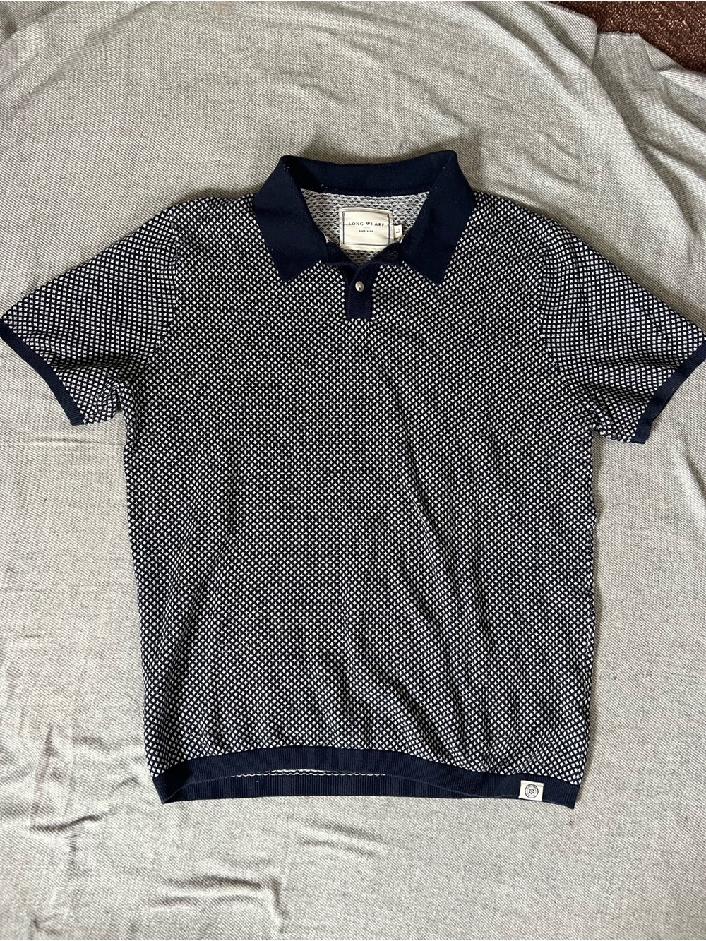 Men's Navy Patterned knit Polo Shirt with Contrast Collar